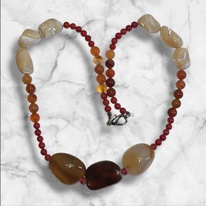 Vintage Polished Carnelian & Agate Stones Beaded Necklace 15"